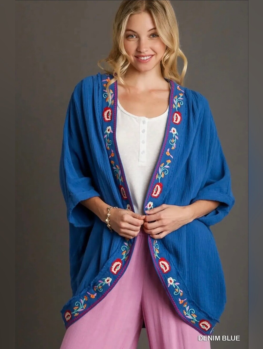 Umgee Bohemian Embroidered Kimono Cardigan – Denim Blue – S/M - NWT